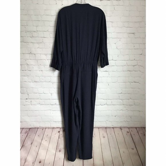 Madewell Novelist Drawstring Jumpsuit womans Medium Navy Blue Cropped V Neck - Picture 4 of 7